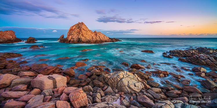 Sitting just off the coast, Sugarloaf Rock sits in the swirling water, bathed in the early light of dawn. Cape Naturaliste, Western Australia - landscape photography